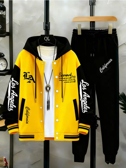 Unisex tracksuit set with baseball jacket and jogging pants, college-style streetwear