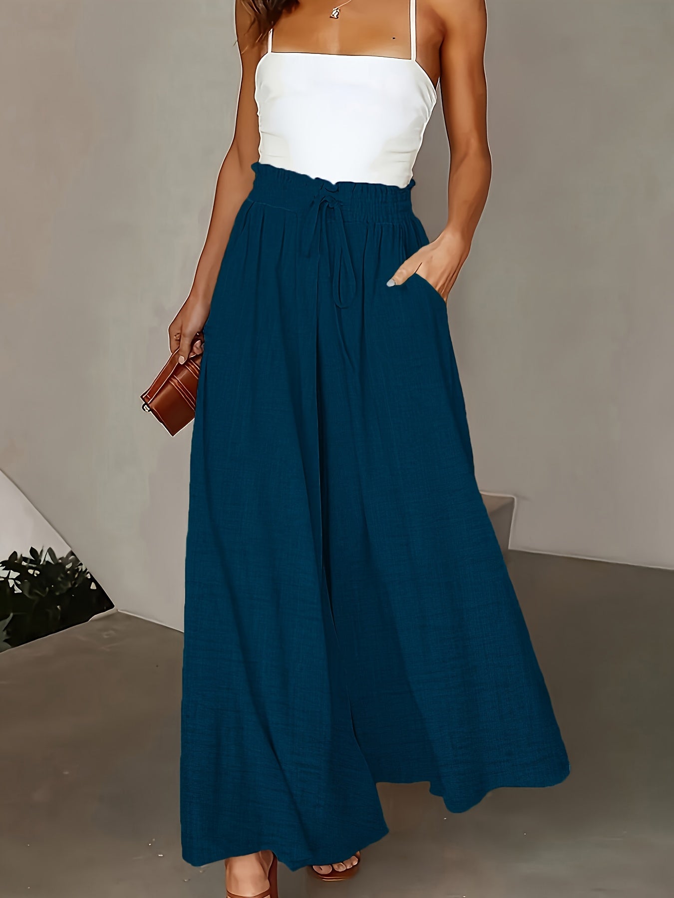 Women's Elegant Wide High Waist Palazzo Pants with Pockets – Perfect for Office & Leisure