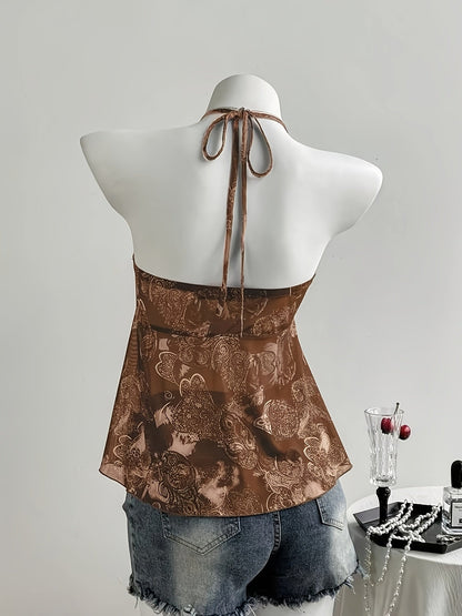 Women's Halterneck Top with Ruffles and Romantic Pattern – Ideal for Casual Wear and Summer