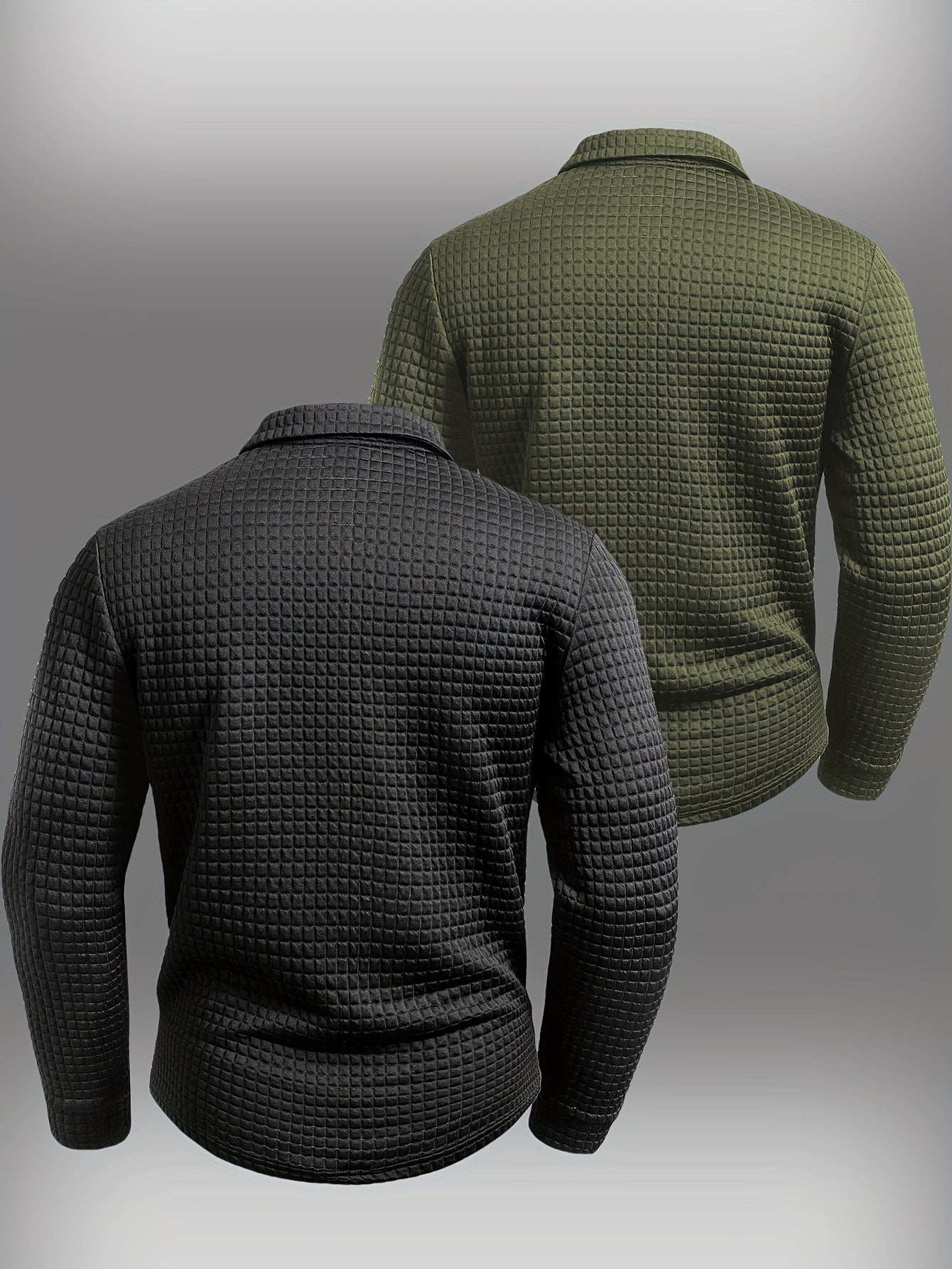 Men's long-sleeved polo shirt with a waffle texture and checked collar, navy blue and army green