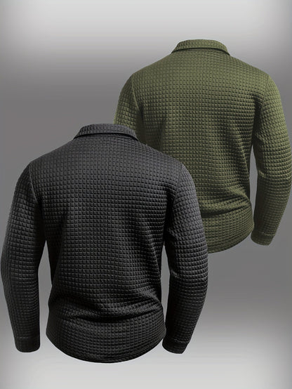 Men's long-sleeved polo shirt with a waffle texture and checked collar, navy blue and army green