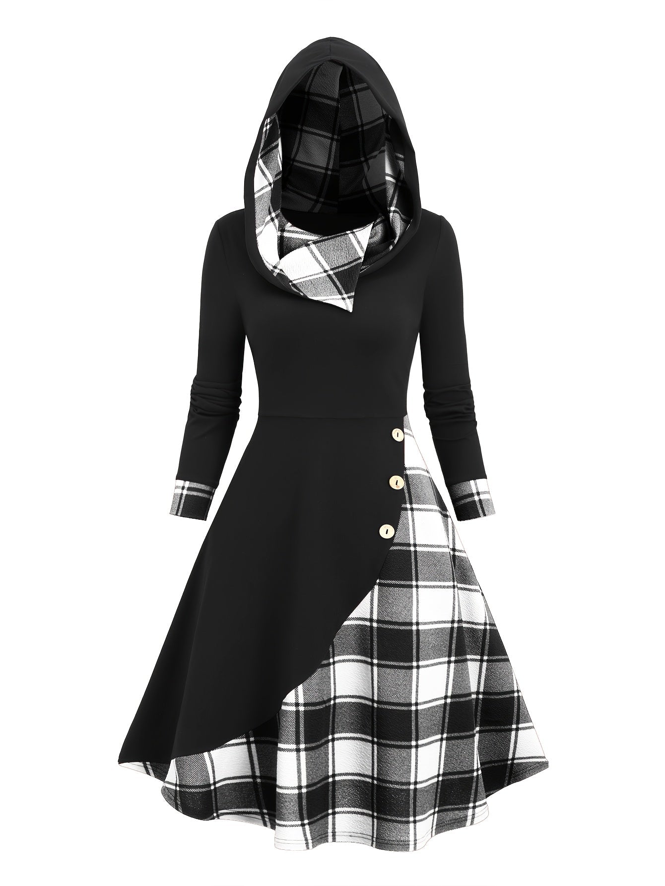 Damen Kapuzenkleid Schwarz mit kariertem Rock Schottenmuster