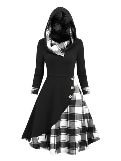 Damen Kapuzenkleid Schwarz mit kariertem Rock Schottenmuster