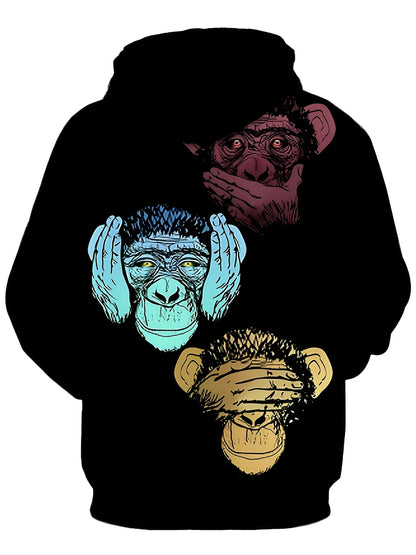 Unisex Hoodie Schwarz mit „Drei Affen“ Motiv – Nicht sehen, nicht hören, nicht sprechen