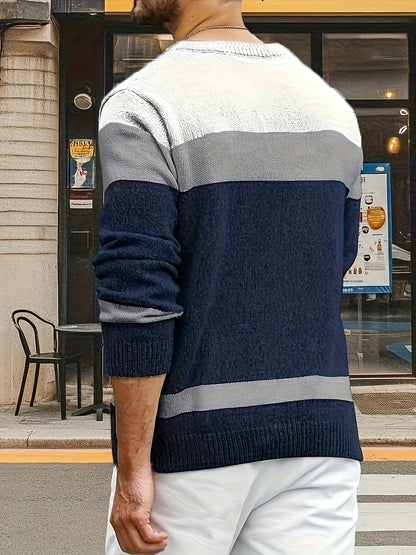 Herren Grobstrick Pullover mit Zopfmuster, farbblockiert, Rundhalsausschnitt
