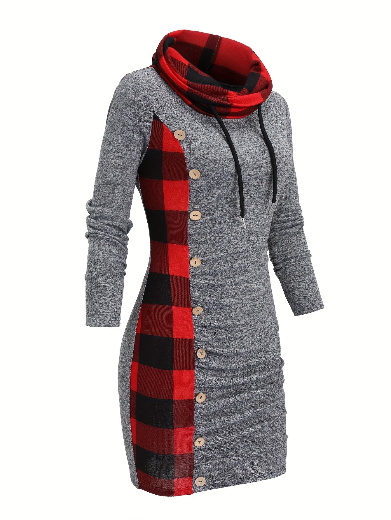 Damen Pulloverkleid mit Rollkragen, kariertem Einsatz & Knöpfen, Langarm, tailliert