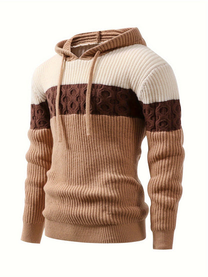 Herren Hoodie Pullover mit Kapuze Blockstreifen Gerippt Braun Beige