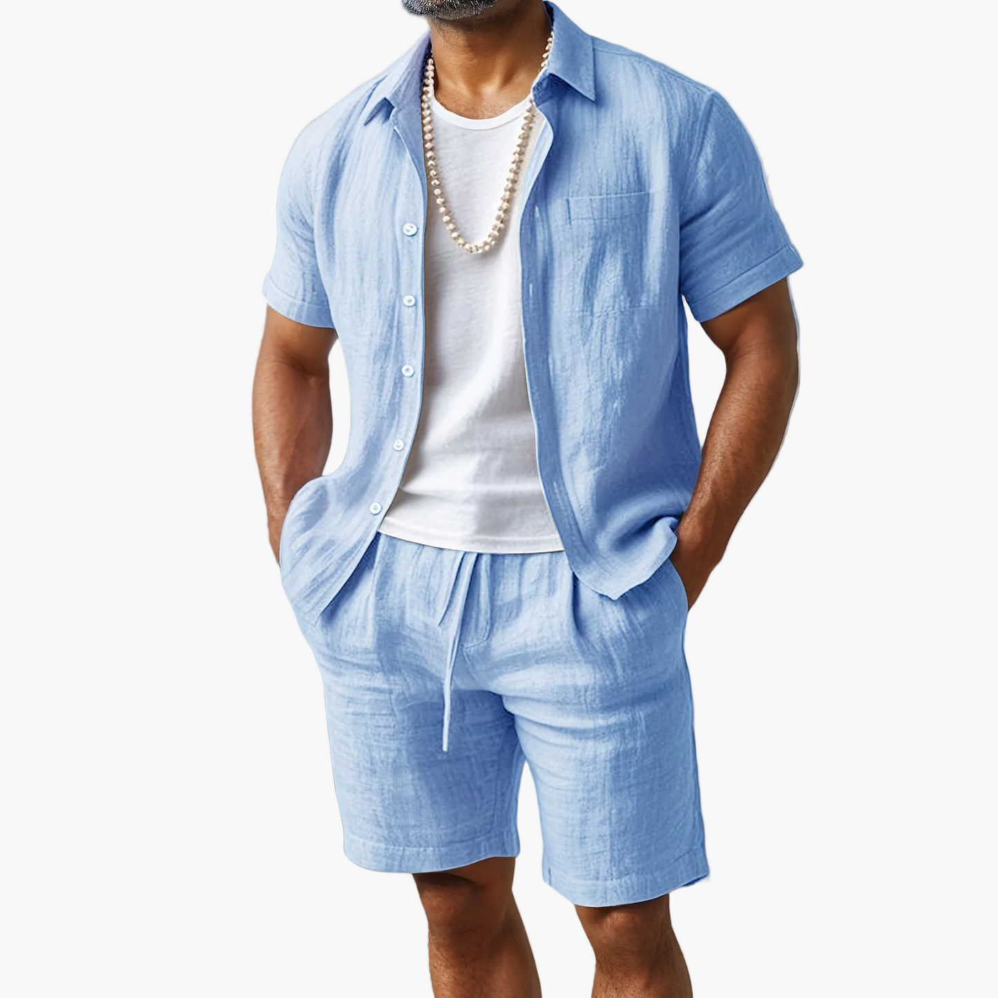 Men's Summer Set Short-Sleeve Shirt & Shorts – Casual Boho Beach Look for Vacation and Leisure
