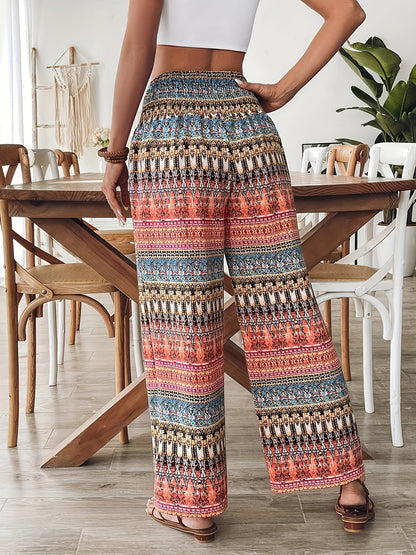 Women's Boho Wide-Leg Casual Pants with Ethnic Pattern for Summer