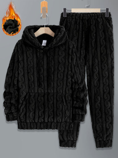 Men's cozy cable-knit tracksuit with hoodie and pants, soft & warm