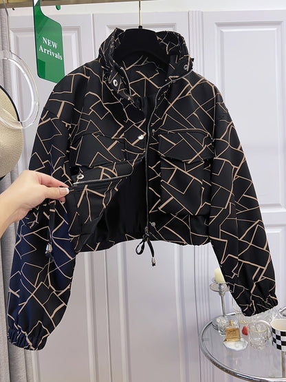 Women’s short jacket with stand-up collar and patterned print