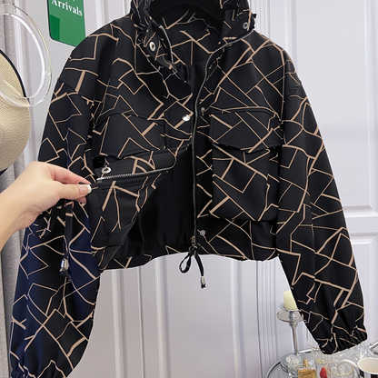 Women’s short jacket with stand-up collar and patterned print