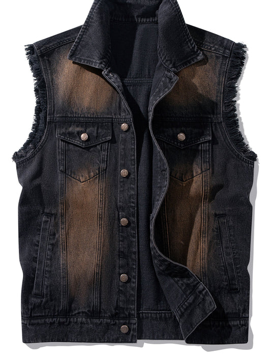 Men's black washed sleeveless denim vest