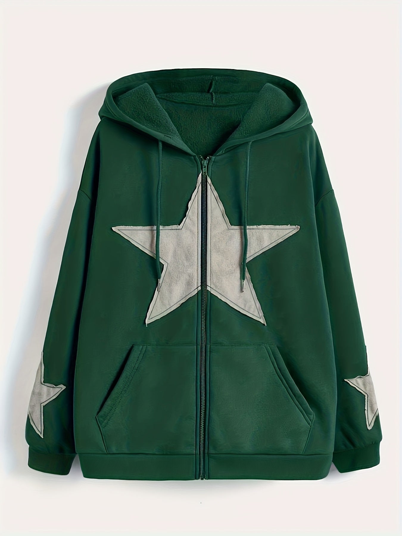 Unisex Kapuzenjacke mit Reißverschluss, Oversize, Stern-Applikationen, Kordelzug, Kängurutaschen
