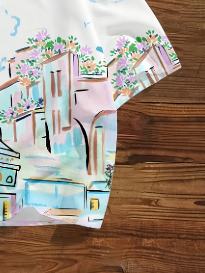 Men's short-sleeve shirt with artistic city motif – Modern casual and summer shirt