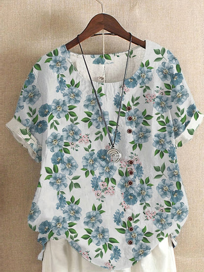 Women's Vintage Blouse with Floral Pattern and Button Placket – Summer Casual Shirt