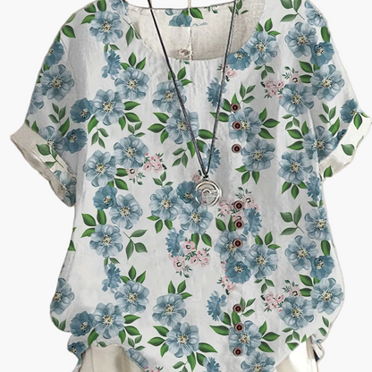 Women's Vintage Blouse with Floral Pattern and Button Placket – Summer Casual Shirt
