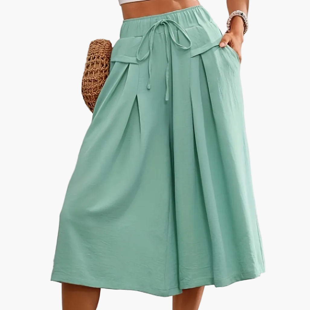 Women's Elegant Wide Summer Culotte Pants with Tie Belt – Fashionable Capri Pants for Leisure and Vacation