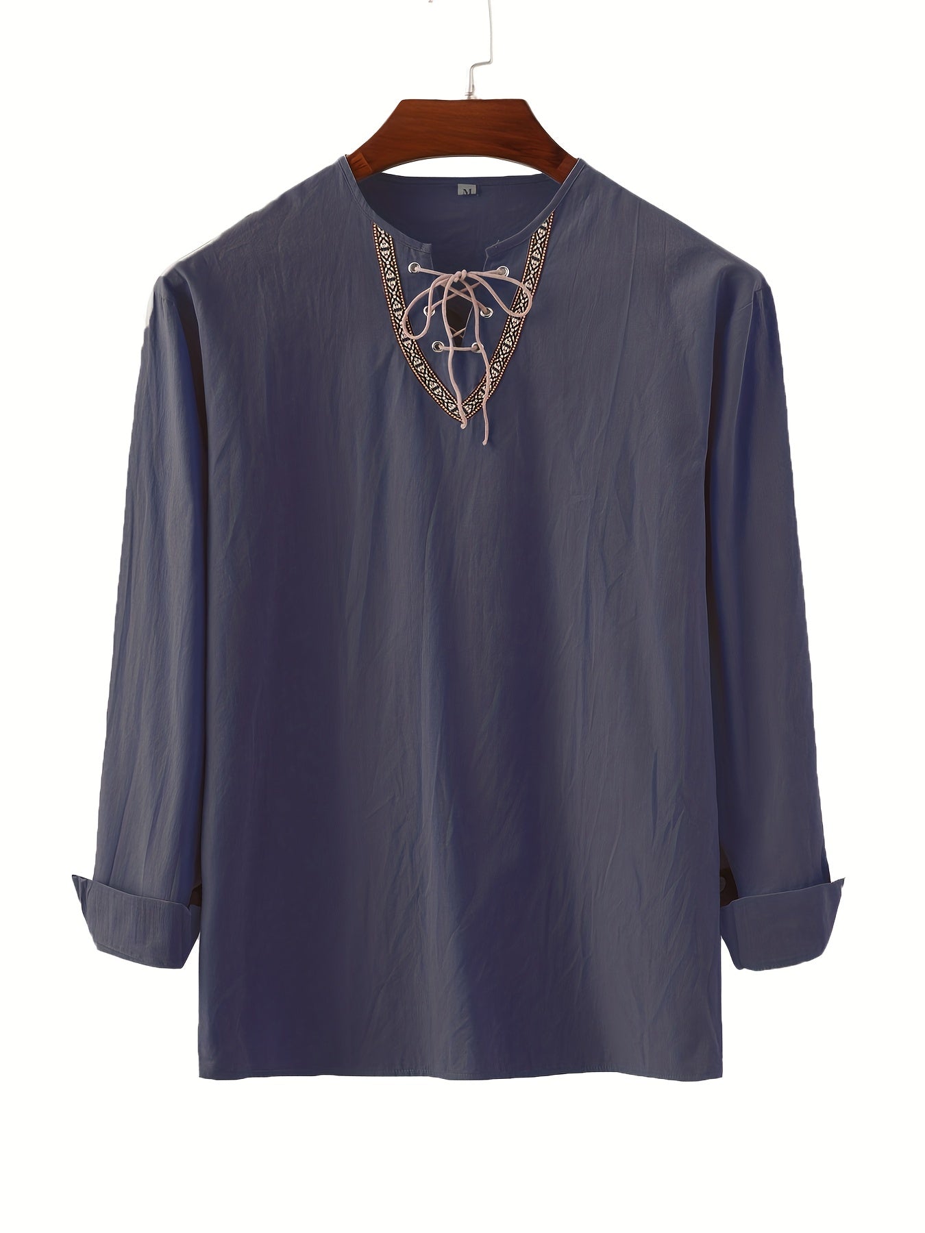 Herren Vintage Langarmshirt mit Schnürung und geometrischem Muster am Kragen
