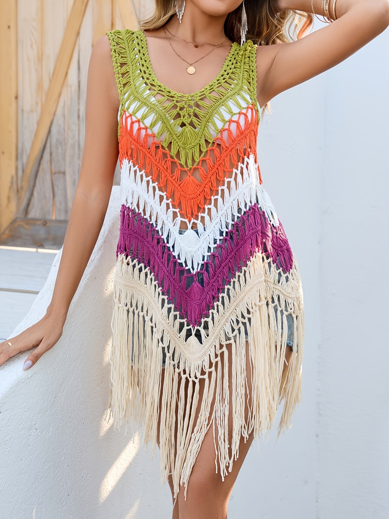 Women's Boho Beach Crochet Poncho with Fringes – Summer Swim Poncho Cover-Up