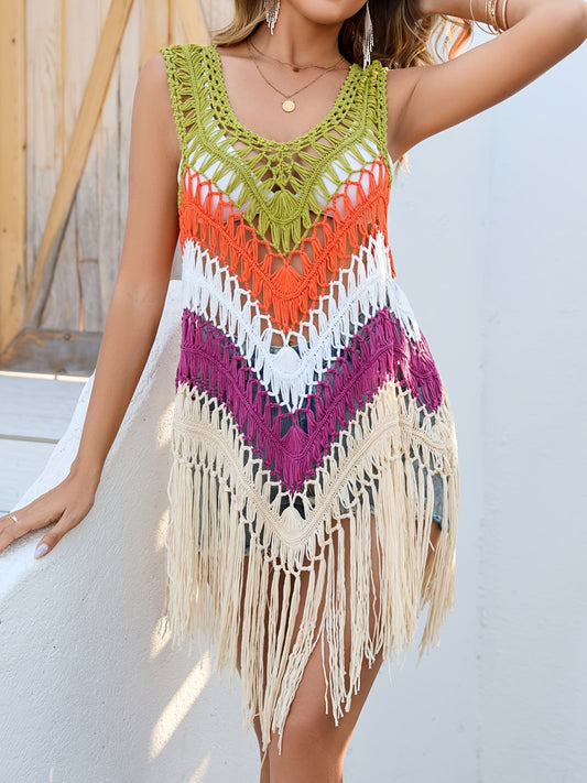 Women's Boho Beach Crochet Poncho with Fringes – Summer Swim Poncho Cover-Up