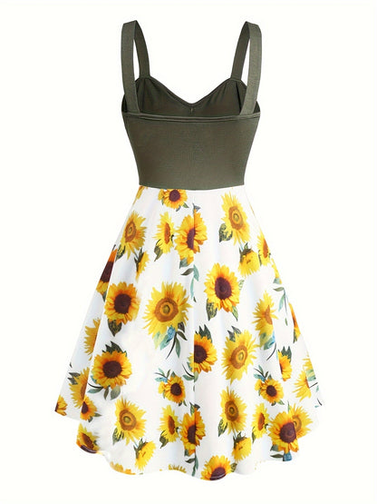Damen Vintage Sommerkleid A-Linie mit Sonnenblumenmuster – Perfekt für Alltag und Freizeit
