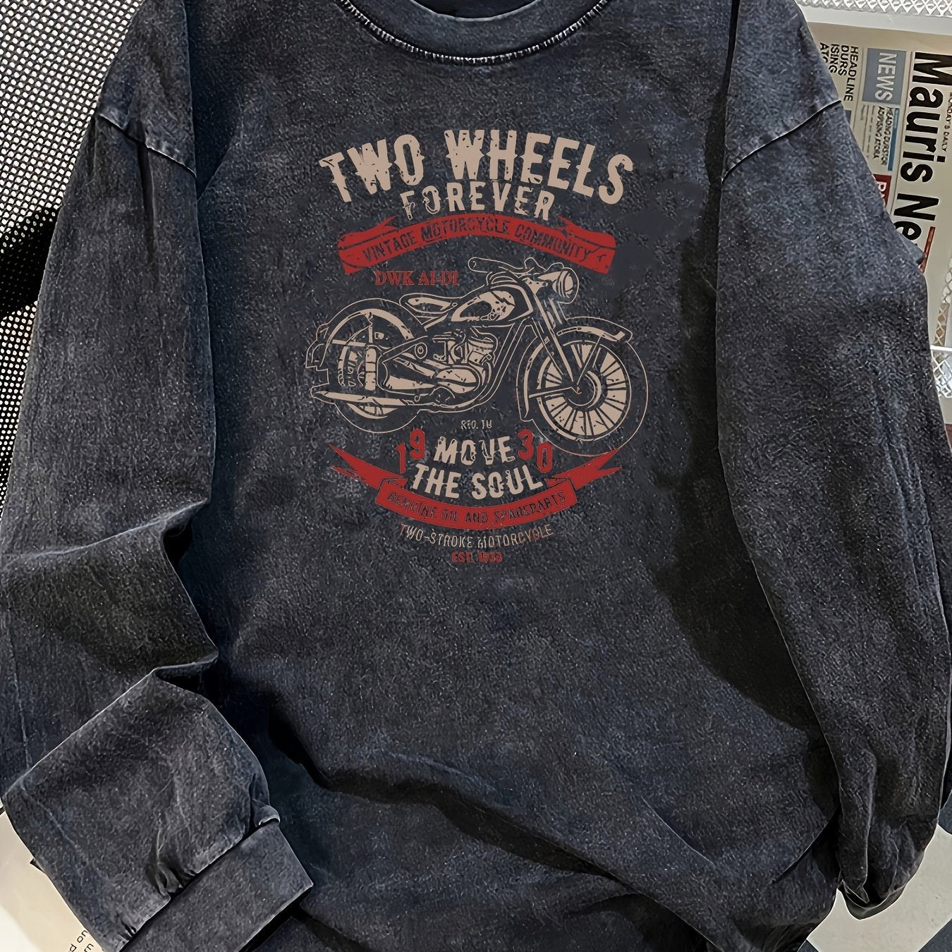 Unisex Langarmshirt mit Motorrad-Print, verwaschener Look, Dunkelgrau