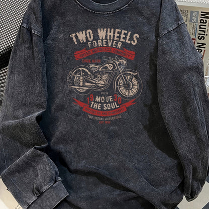 Unisex Langarmshirt mit Motorrad-Print, verwaschener Look, Dunkelgrau