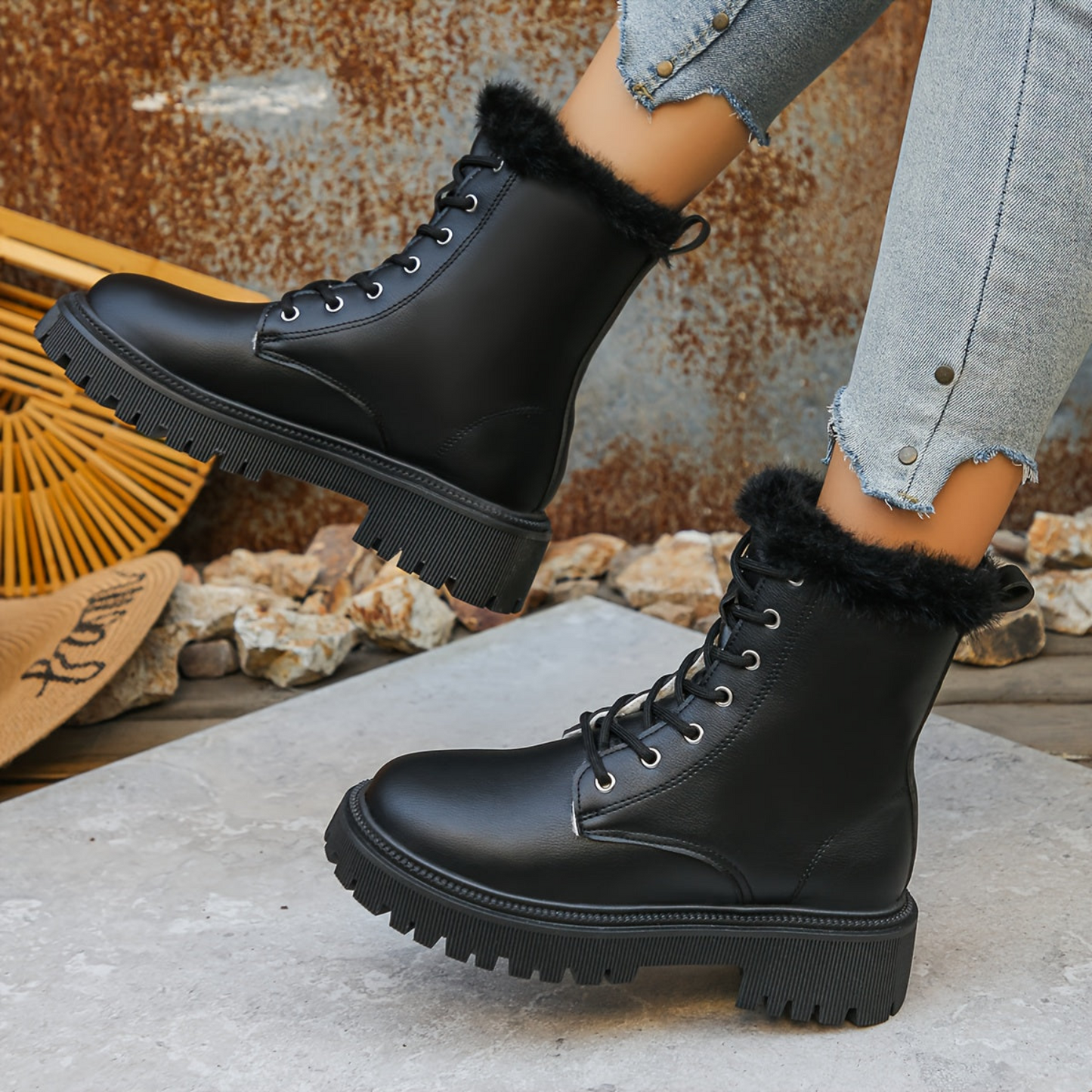 Women's worker boots with faux-fur lining, lacing, and lug soles