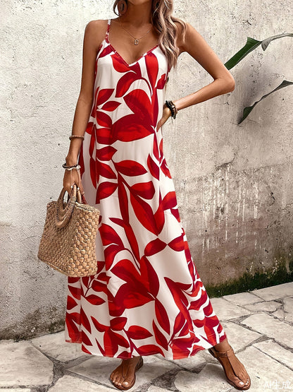 Women's sleeveless maxi dress with abstract pattern, summer boho style for casual wear and vacation