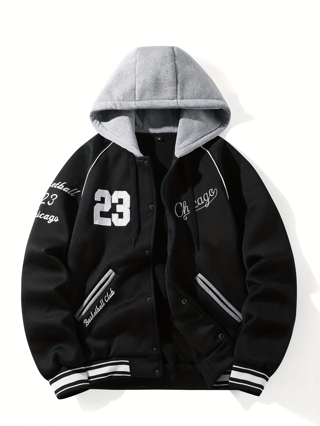 Men’s baseball jacket with hood, snap buttons, embroidery, and ribbed cuffs