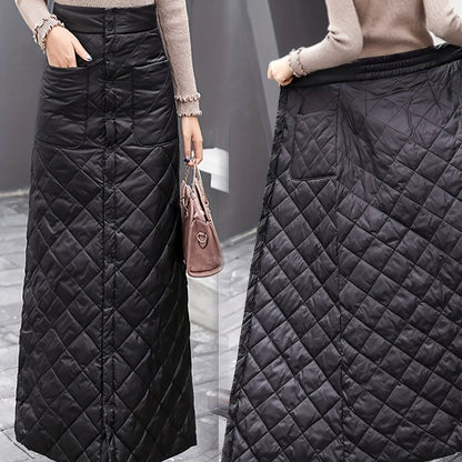 Stepprock Lang Damen Schwarz Gesteppt Knöpfe Taschen Hohe Taille