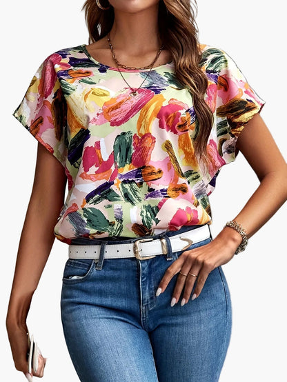 Women's Elegant Summer Top with Abstract Print and Short Sleeves – Fashionable Casual Shirt