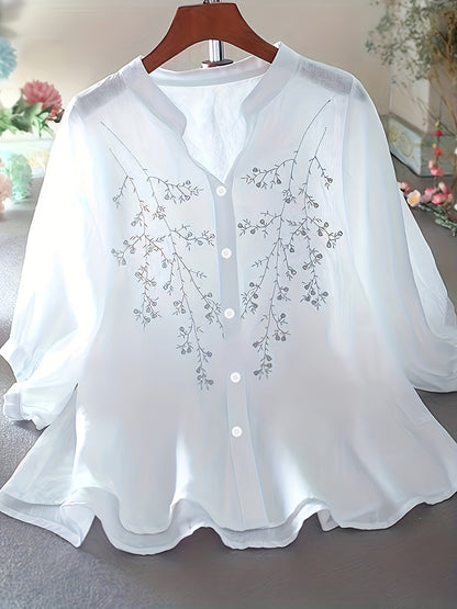 Women's Blouse Elegant Embroidered Summer Semi-Transparent with Stand-Up Collar – Casual & Office