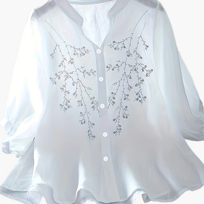 Women's Blouse Elegant Embroidered Summer Semi-Transparent with Stand-Up Collar – Casual & Office