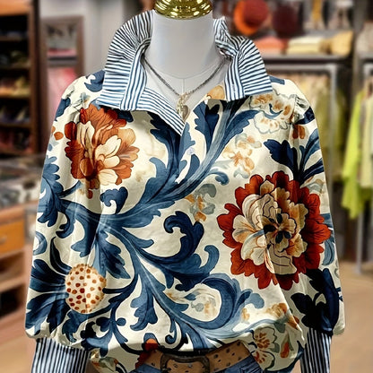 Women's blouse with a floral pattern, striped collar and cuffs, long sleeves