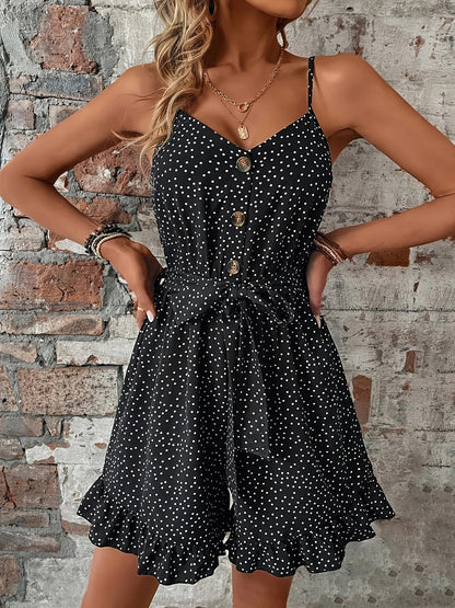 Women's Summer Polka Dot Jumpsuit with Spaghetti Straps – Elegant Playsuit for Leisure and Vacation