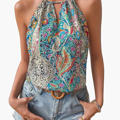 Women's Elegant Halter Neck Top with Paisley Pattern for Summer, Casual Wear, and Festivals