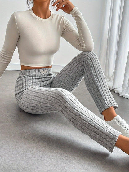 Ribbed leggings for women, high-waisted, slim fit, butterfly detail