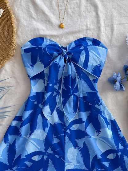 Women's Bandeau Summer Jumpsuit Playsuit with Floral Pattern and Bow Detail – Perfect for Vacation and Leisure