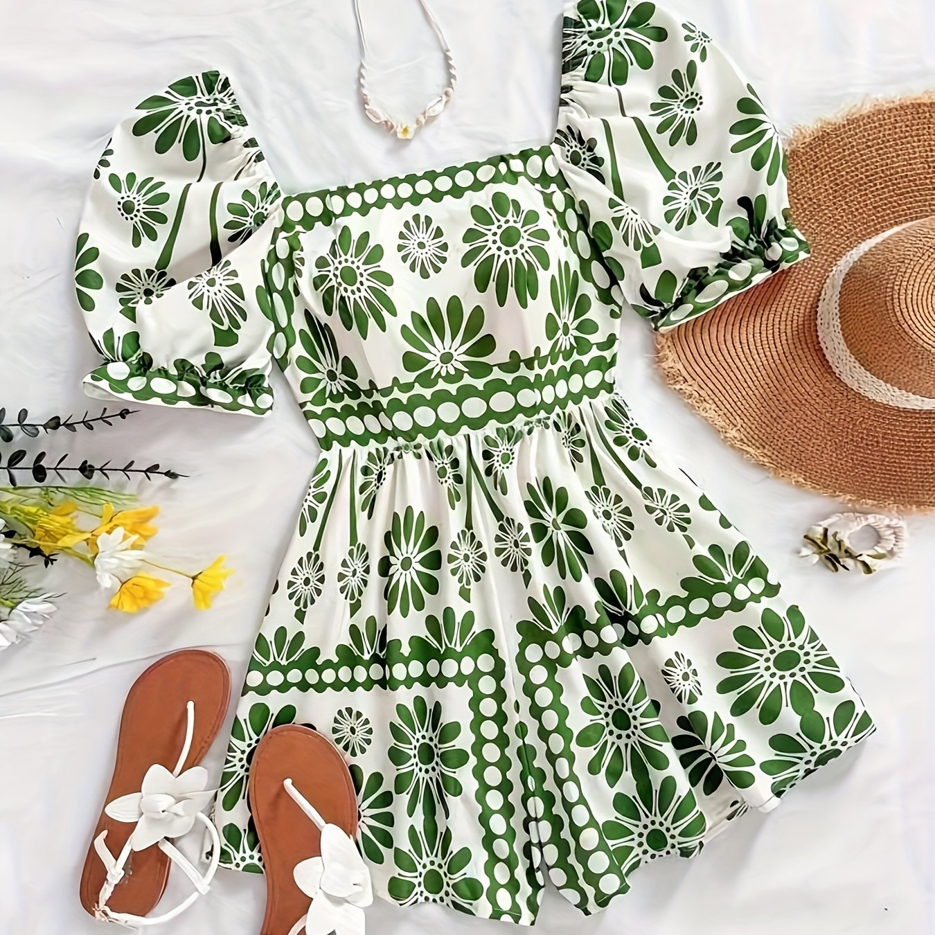 Women's jumpsuit with puff sleeves and vintage floral pattern – elegant one-piece for summer and leisure