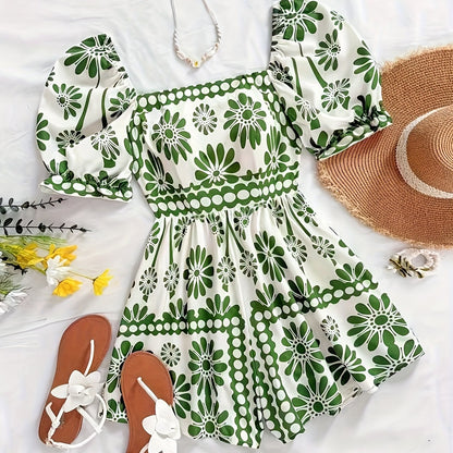 Women's jumpsuit with puff sleeves and vintage floral pattern – elegant one-piece for summer and leisure