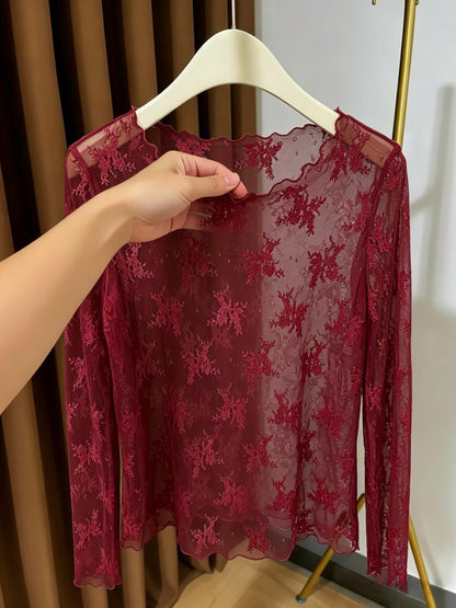 Women's long-sleeve shirt with floral embroidery and transparent design – elegant and versatile lace look for special occasions