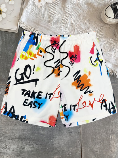 Men's Streetwear Shorts with Graffiti Print and Motivational Quote – Casual Summer Pants for Leisure and Beach