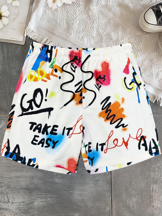 Men's Streetwear Shorts with Graffiti Print and Motivational Quote – Casual Summer Pants for Leisure and Beach