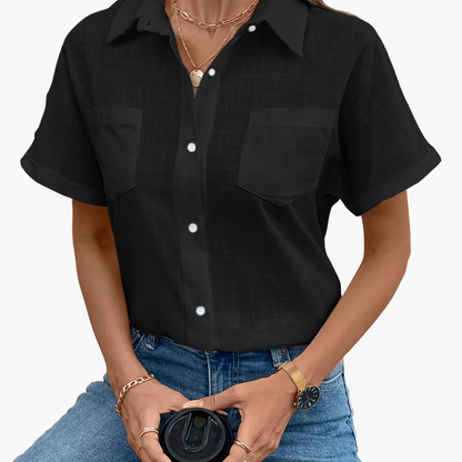 Women's Short-Sleeve Blouse with Bird Print and Chest Pocket – Fashionable Casual Shirt