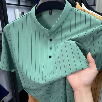Men's Short-Sleeve Shirt with Stand-Up Collar and Pinstripes – Modern Casual and Business Design