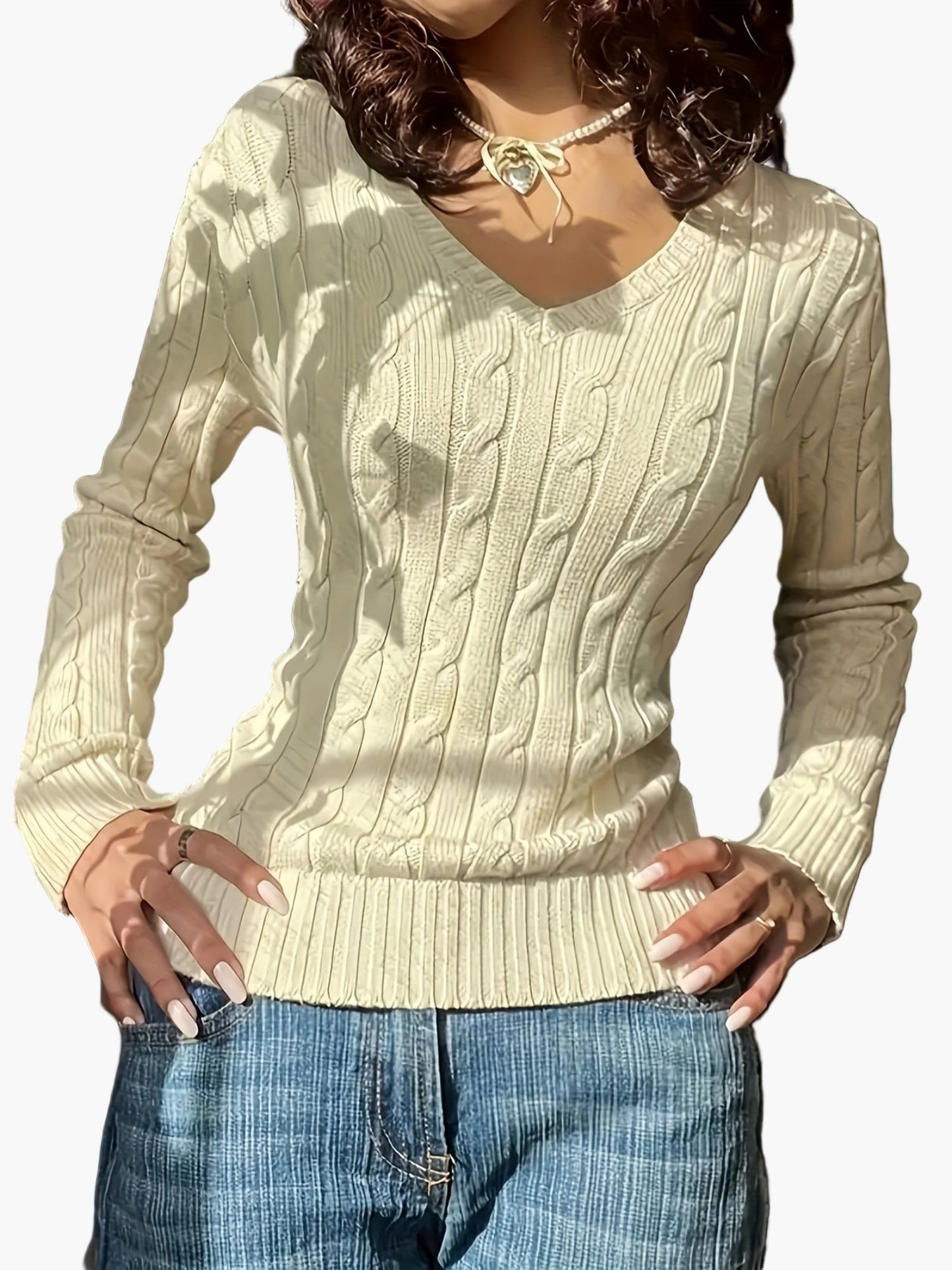 Women's knitted sweater with cable pattern and V-neck – fashionable casual sweater for everyday and office use