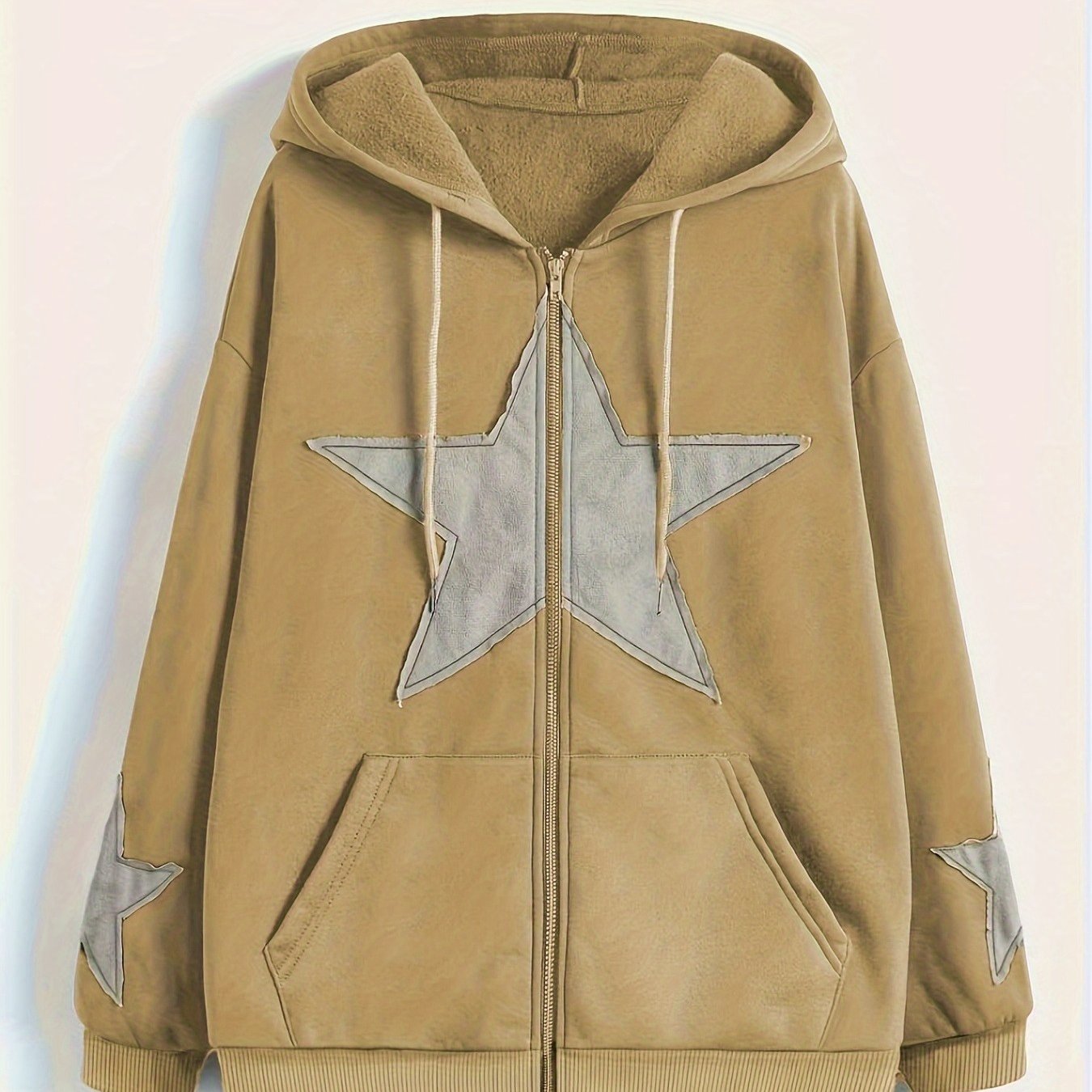 Unisex Kapuzenjacke mit Reißverschluss, Oversize, Stern-Applikationen, Kordelzug, Kängurutaschen