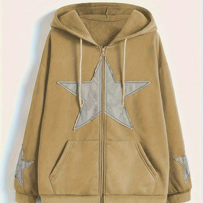 Unisex Kapuzenjacke mit Reißverschluss, Oversize, Stern-Applikationen, Kordelzug, Kängurutaschen